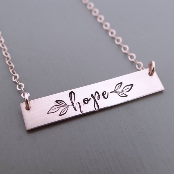 Hope Inspirational Bar Necklace, Name Necklace, Quote Bar Necklace, Gold Bar, Silver Bar, Rose Gold Bar Necklace. Always Hope, With Leaves