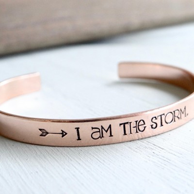 I Am The Storm - Hand Stamped Cuff Bracelet - Your Choice of Gold, Silver, Rose Gold. Empowering Jewelry. Motivating & Inspirational Gift.