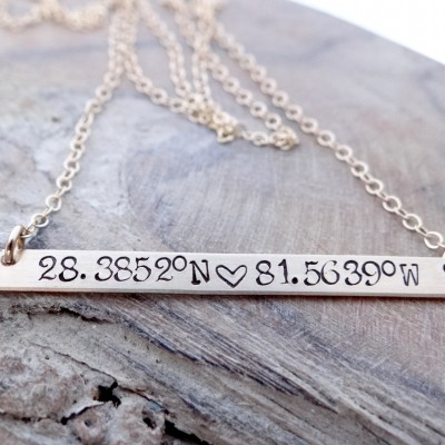 Latitude Longitude Hand Stamped Bar Necklace. Gift for Destination Wedding, Memorial Gift, Custom GPS Coordinates Jewelry. Gift for Traveler