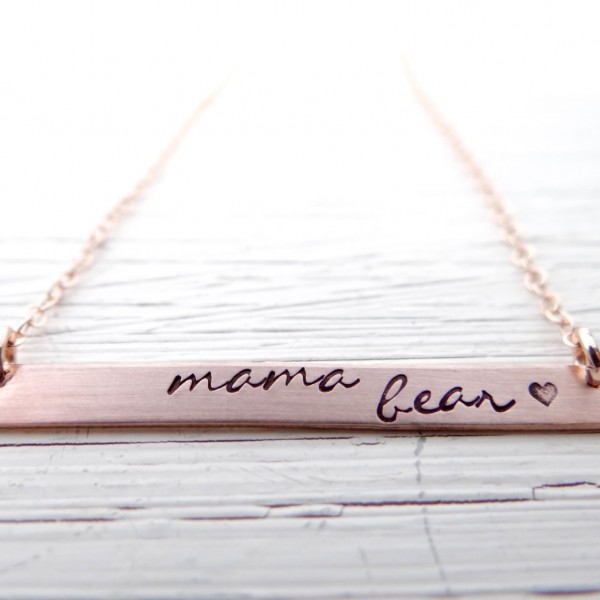 Mama Bear Bar Necklace.  Your Choice of Gold, Rose Gold, or Sterling Silver. Minimalist, Hand Stamped Jewelry. Gift for Mom.