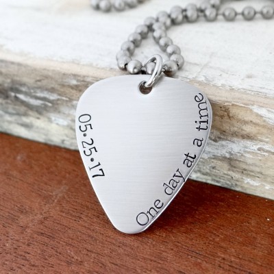 One Day at a Time Guitar Pick Necklace with Sobriety Date.  Sober Gift, Recovery Jewelry, Serenity Prayer. Stainless Necklace or Keychain