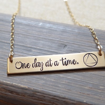 One Day at a Time Hand Stamped Gold Bar Necklace. Recovery & Sobriety Jewelry. Serenity Prayer Necklace.  Sober Gift, Sober Anniversary Gift