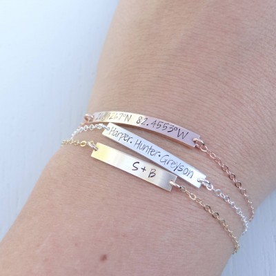 Personalized Bar Bracelet - Your Choice Rose Gold, 18k Gold-Filled, Sterling Silver - Custom Name Bracelet - Latitude & Longitude Bracelet