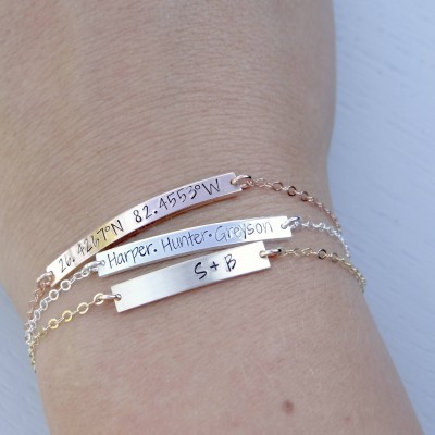 Personalized Bar Bracelet - Your Choice Rose Gold, 18k Gold-Filled, Sterling Silver - Custom Name Bracelet - Latitude & Longitude Bracelet