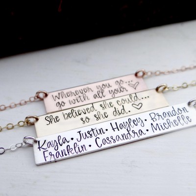 Personalized Bar Necklace for Multiple Names, Long Quote.  Hand Stamped Custom Name Bar Necklace. Gold Bar Necklace - 2 Lines, 60 Characters