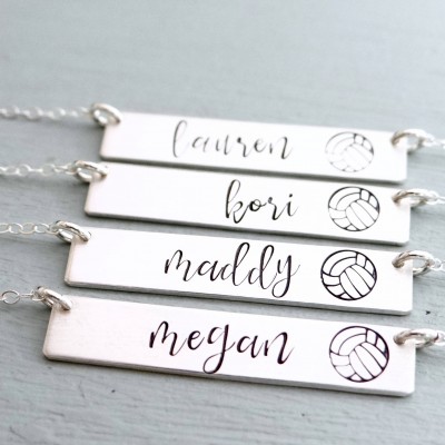 Personalized Volleyball Bar Necklace. Calligraphy Font Hand Stamped Custom Name Bar Necklace. Sports Team Jewelry, Sterling Silver Bar.