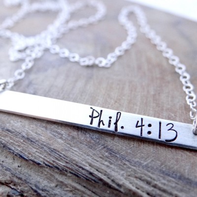 Philippians 4:13, I Can Do All Things Through Christ Who Strengthens Me. Hand Stamped Silver Bar Necklace. Also Available in Gold, Rose Gold