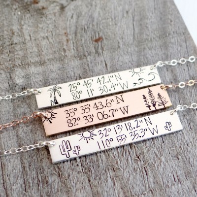 Scenic Latitude & Longitude GPS Coordinate Bar Necklace. Personalized Location and Scene of Choice. Palm Trees, Mountain, Cactus + More