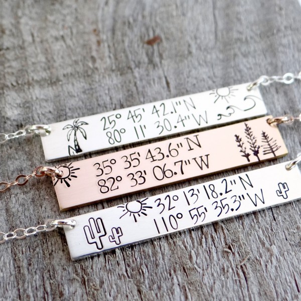 Scenic Latitude & Longitude GPS Coordinate Bar Necklace. Personalized Location and Scene of Choice. Palm Trees, Mountain, Cactus + More