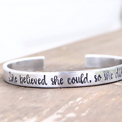 She Believed She Could So She Did Silver Cuff Bracelet. Hand Stamped Jewelry for Her. Motivating & Inspirational Adjustable Cuff.