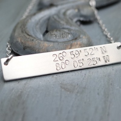 Sterling Silver Custom Latitude Longitude Bar Necklace. Hand Stamped Jewelry. Minimalist, Engraved Necklace. Layering Bar Necklace, Nautical