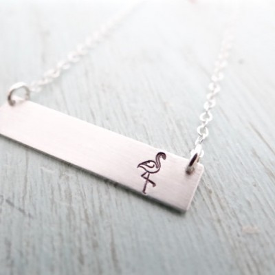 Sterling Silver Flamingo Bar Necklace. Hand Stamped Jewelry. Minimalist, Engraved Necklace. Layering Bar Necklace, Silver Bar.