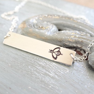 Sterling Silver HoneyBee Bar Necklace. Hand Stamped Jewelry.  Minimalist, Engraved Necklace.  Layering Bar Necklace, Bumble Jewelry