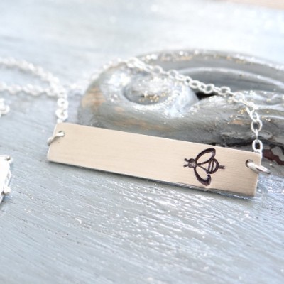 Sterling Silver HoneyBee Bar Necklace. Hand Stamped Jewelry.  Minimalist, Engraved Necklace.  Layering Bar Necklace, Bumble Jewelry
