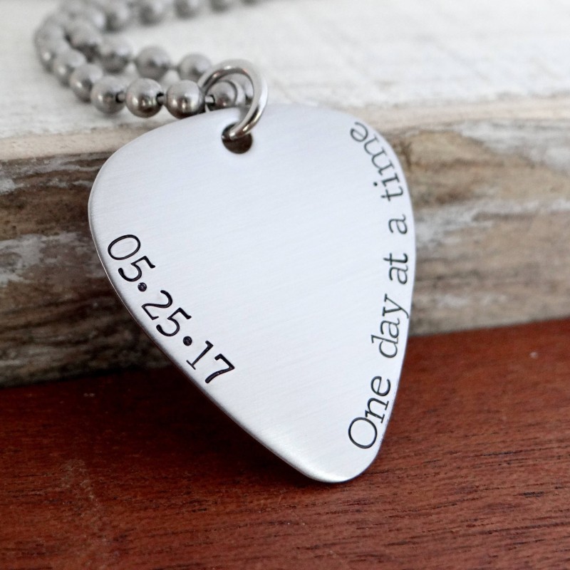 One Day At A Time Guitar Pick Necklace With Sobriety Date Sober T