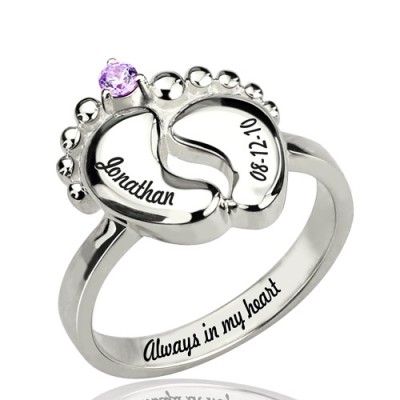 Engraved Baby Feet Ring with Birthstone Silver - The Handmade ™