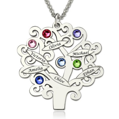 Engraved Family Tree Necklace with Birthstones Silver - The Handmade ™
