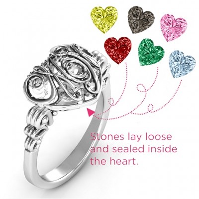 Cursive Mom Caged Hearts Ring with Butterfly Wings Band - The Handmade ™