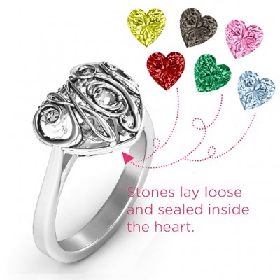 Cursive Mom Caged Hearts Ring with Ski Tip Band - The Handmade ™