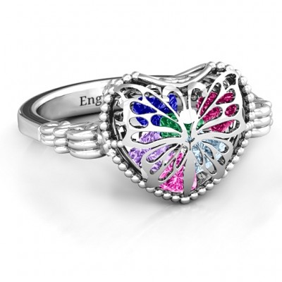 Butterfly Caged Hearts Ring with Butterfly Wings Band - The Handmade ™