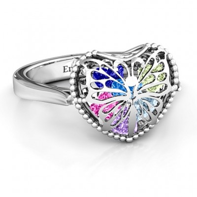 Butterfly Caged Hearts Ring with Ski Tip Band - The Handmade ™