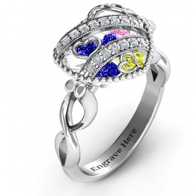 Sparkling Diamond Hearts Caged Hearts Ring with Infinity Band - The Handmade ™