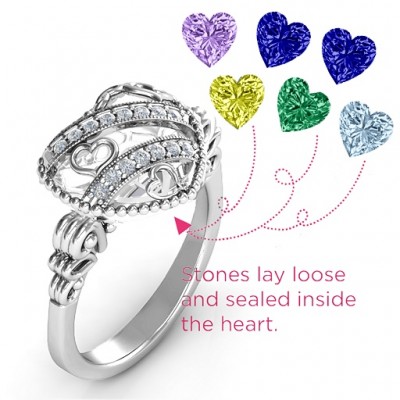 Sparkling Diamond Hearts Caged Hearts Ring with Butterfly Wings Band - The Handmade ™