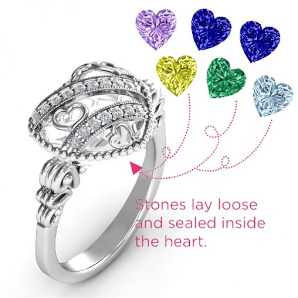 Sparkling Hearts Caged Hearts Ring with Butterfly Wings Band - The Handmade ™