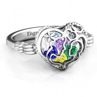 Mother and Child Caged Hearts Ring with Butterfly Wings Band - The Handmade ™