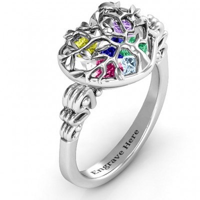 Family Tree Caged Hearts Ring with Butterfly Wings Band - The Handmade ™