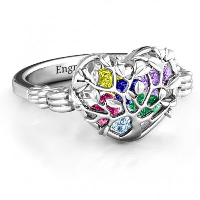 Family Tree Caged Hearts Ring with Butterfly Wings Band - The Handmade ™