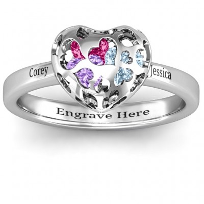 Heart Cut-out Petite Caged Hearts Ring with Classic with Engravings Band - The Handmade ™