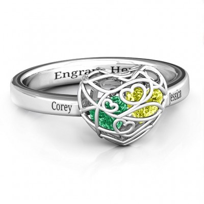 Encased in Love Petite Caged Hearts Ring with Classic with Engravings Band - The Handmade ™