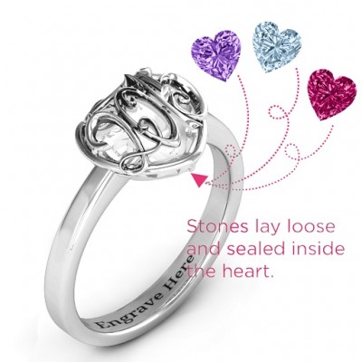 Petite Caged Hearts Ring with Classic with Engravings Band - The Handmade ™
