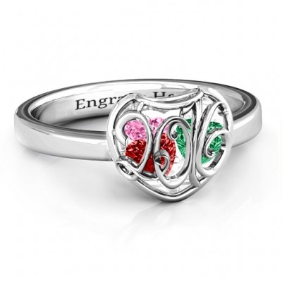 Petite Caged Hearts Ring with Classic with Engravings Band - The Handmade ™