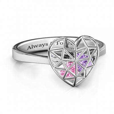 Diamond Heart Cage Ring With Encased Heart Stones - The Handmade ™