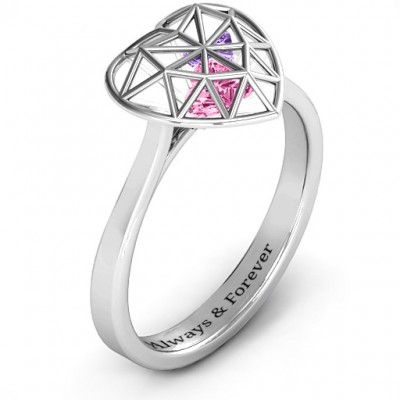 Diamond Heart Cage Ring With Encased Heart Stones - The Handmade ™