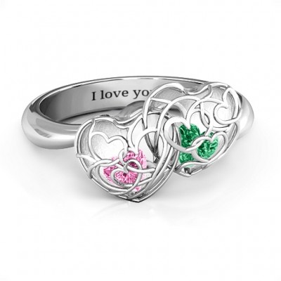 Double Heart Cage Ring with 1-6 Heart Shaped Birthstones - The Handmade ™