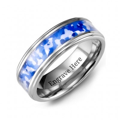 Grooved Tungsten Ring with Royal Blue Camouflage Insert - The Handmade ™