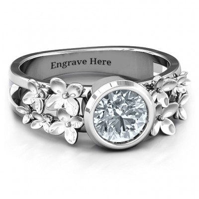 Silver Beautiful Blossoms with Split Shank Ring and Genuine Diamond Stone - The Handmade ™
