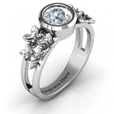 Silver Beautiful Blossoms with Split Shank Ring and Genuine Diamond Stone - The Handmade ™
