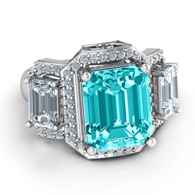 Silver Emerald Cut Trinity Ring with Triple Halo - The Handmade ™