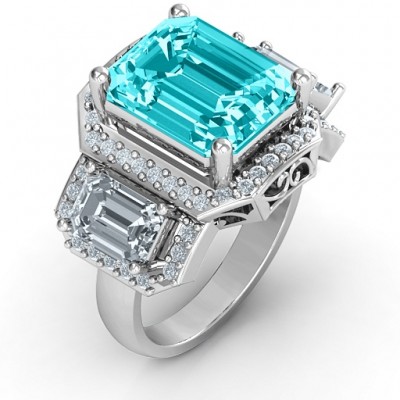 Silver Emerald Cut Trinity Ring with Triple Halo - The Handmade ™