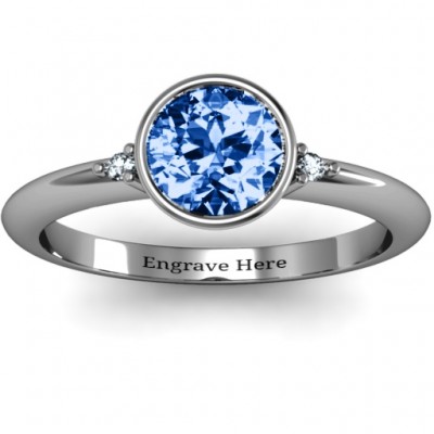 Silver Round Bezel Solitaire with Twin Accents Ring - The Handmade ™