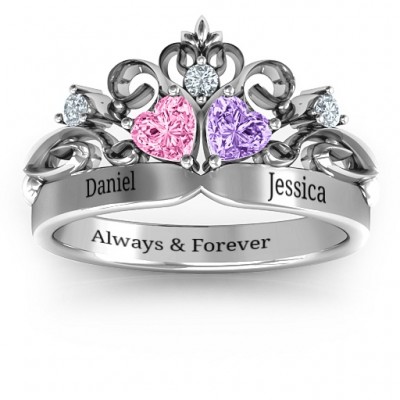 Silver Royal Romance Double Heart Tiara Ring with Engravings - The Handmade ™