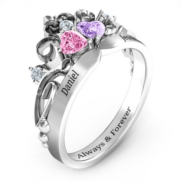 Silver Royal Romance Double Heart Tiara Ring with Engravings - The Handmade ™