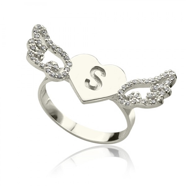 Heart Angel Wings Ring Engraved Initial Birthstone Silver - The Handmade ™