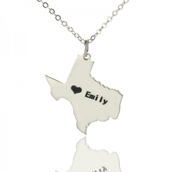 Texas State USA Map Necklace With Heart Name Silver - The Handmade ™