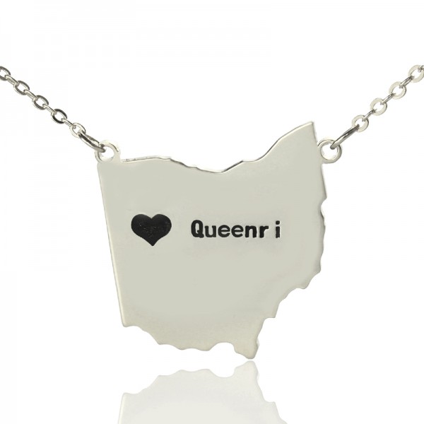 Ohio State USA Map Necklace With Heart Name Silver - The Handmade ™
