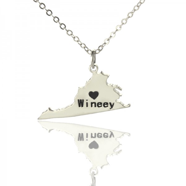 Virginia State USA Map Necklace With Heart Name Silver - The Handmade ™